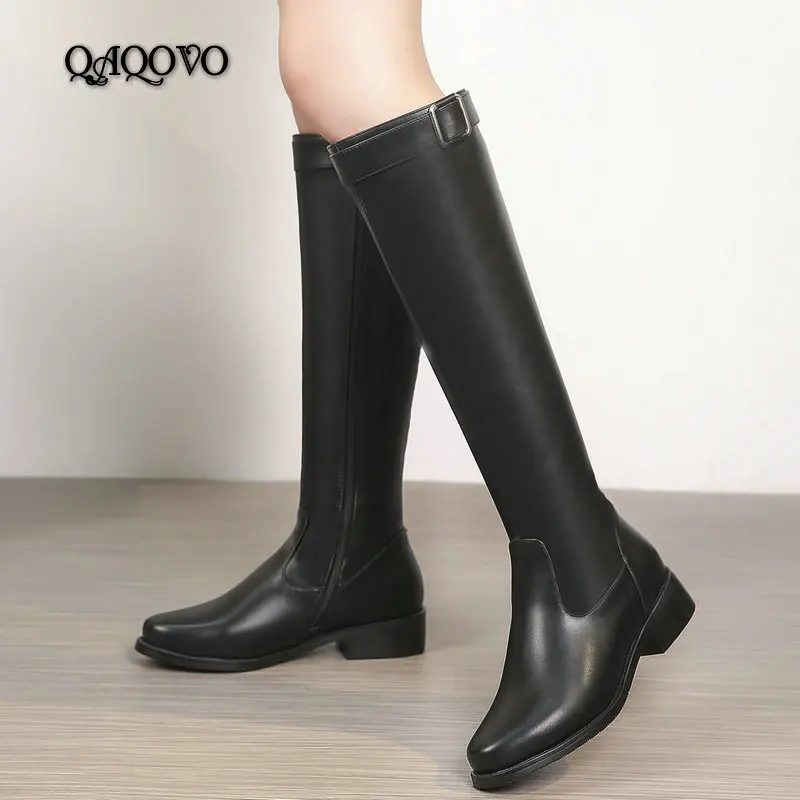 

Women Flat Heel Boots Soft Faux Leather Knee High Boots Round Toe Fashion Zipper Boots Autumn Winter Long Boots Black