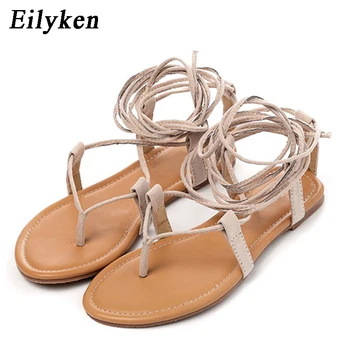 

Eilyken Summer Roman Sandals Multiple Cross-Strap tall knee high Thong Nubuck Women Sandals Flip flops Black Apricot Brown