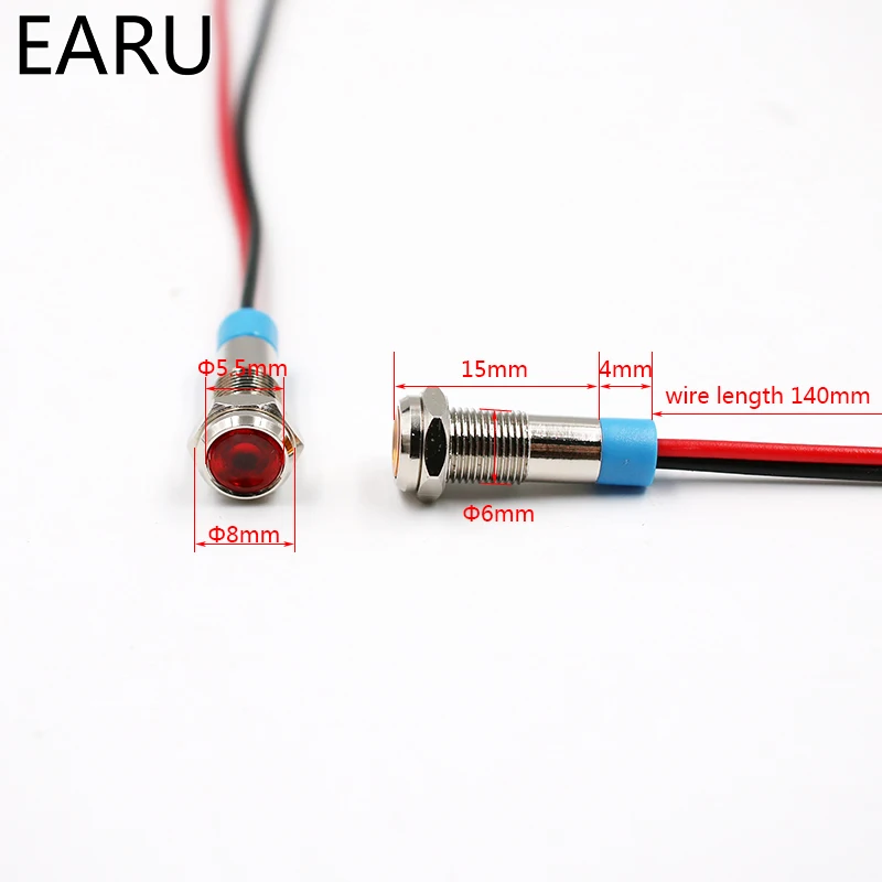 Светодиодный металлическая сигнальная лампочка 6 мм Водонепроницаемая сигнальная лампа Poilt 3 V 5 V 6 V 12 V 24 V 110 V 220 v с проводом красный желтый синий зеленый белый