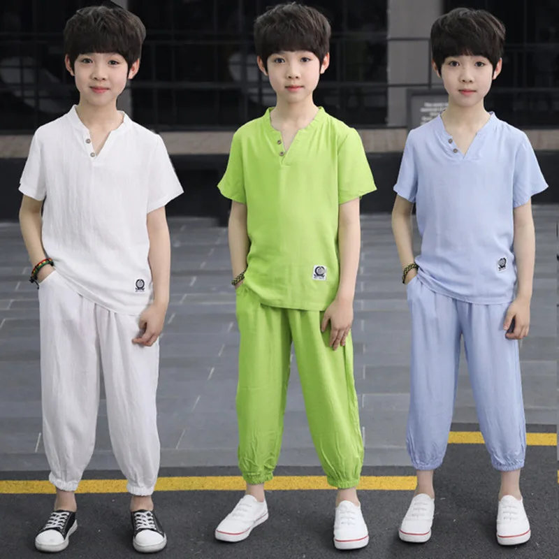 

2018 Summer Fashion Children Boys Cotton and Linen Suit Set V Collar Tshirts & Pants 2 Pieces Clothing Set 4 5 7 9 11 13 Years