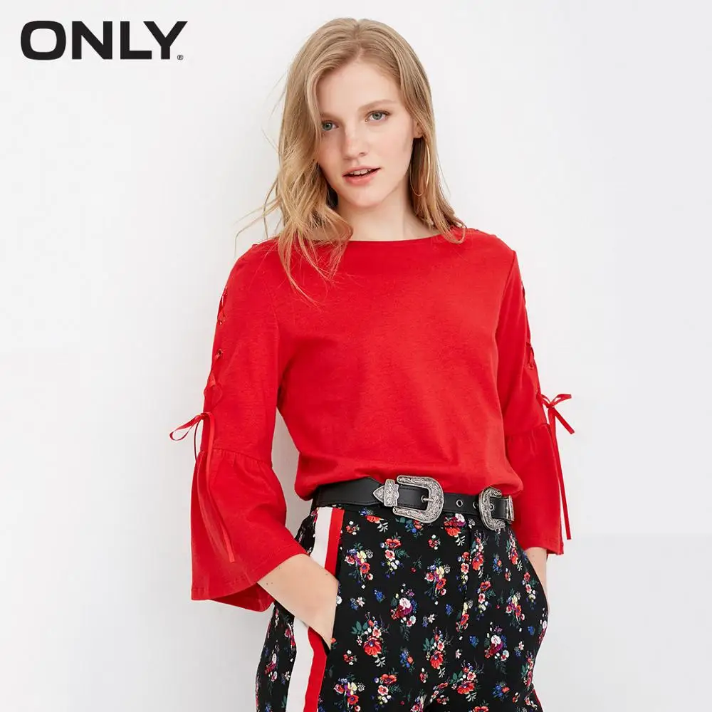 

ONLY Women's Loose Fit Pure Color Lace-up Flare Sleeves T-shirt |118230510