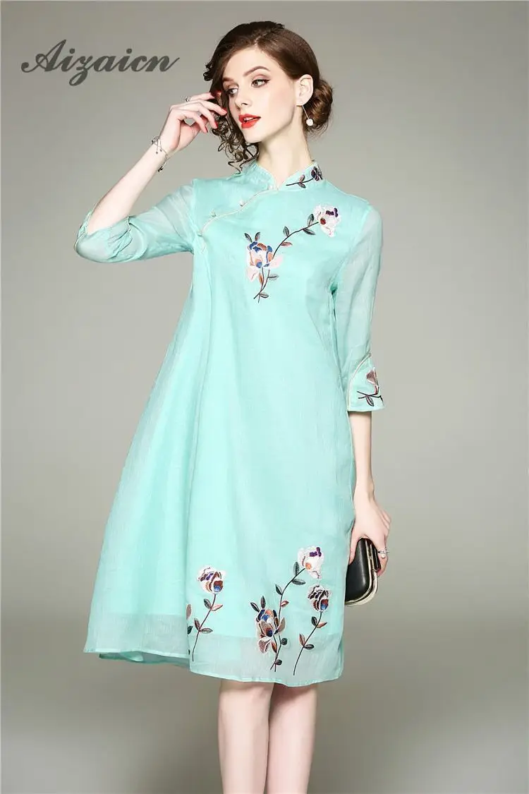 Высокое качество 2018 розовый вышивка Cheongsam Qipao длинные традиционные китайское платье Oriental Стиль Вечерние платья Vestido Чино