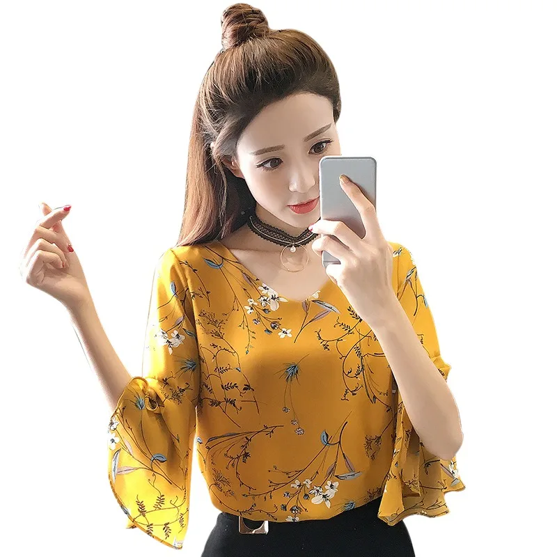 2019 Women Floral Shirt Small V-neck Female Blouses Korean Sweet Floral Ruffled Butterfly Sleeve Chiffon Tops