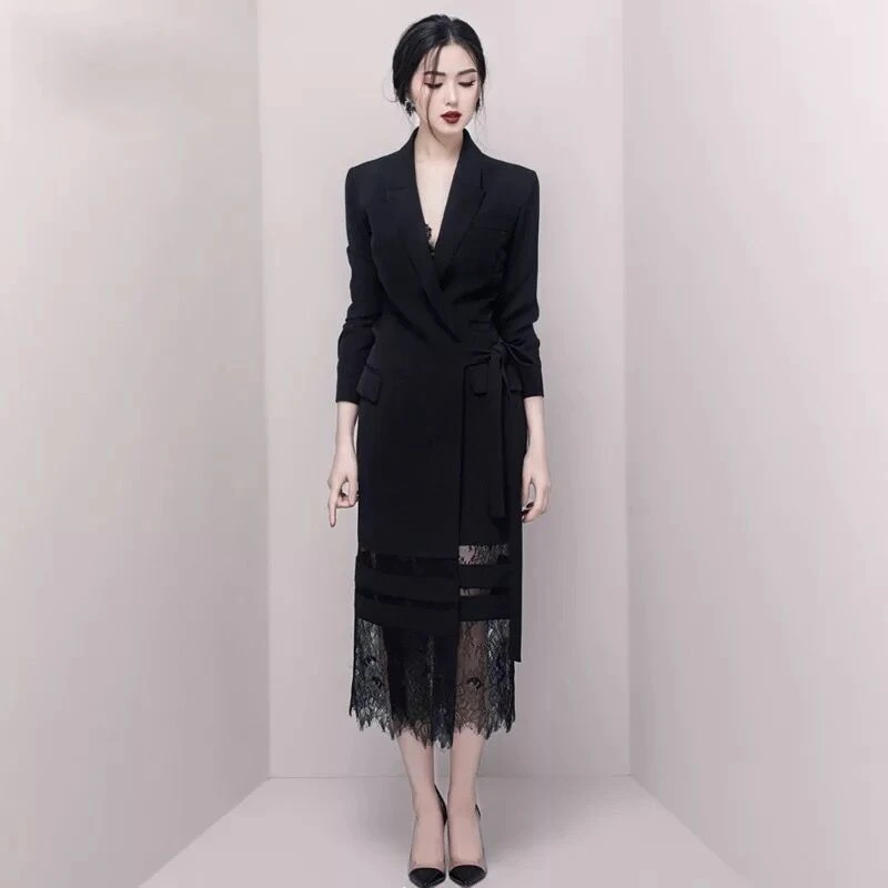 Высокое качество Подиум дизайн халат Femme Осень Черный с длинным рукавом кружево лоскутное Костюмы Пальто шикарный галстук-бабочка длинное пальто - Цвет: Черный
