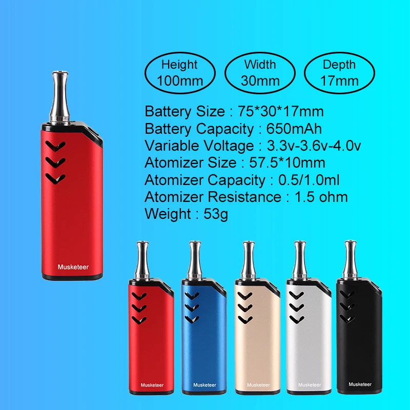 ECT Musketeer + B5 electric cigarette mod kit 650mah capacity battery with CBD B5 1.0ml capacity atomizer e cigarette vape pen