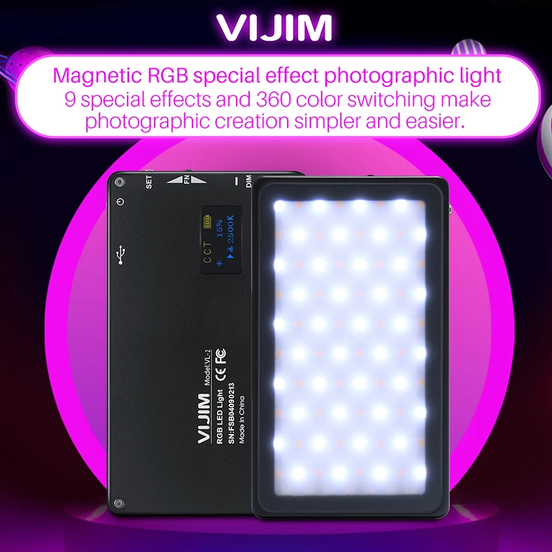 VIJIM VL-2 RGB светодиодный светильник для видео 2500 K-8500 K с регулируемой яркостью на камеру, светильник для фотосъемки, магнитный светильник для DSLR камеры sony Nikon