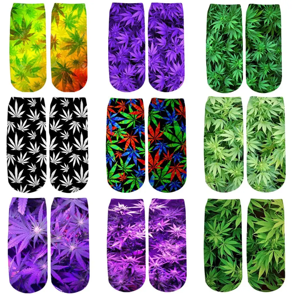 

PLstar Cosmos 2019 New 3D Printed Green/Colorful weed cute cotton short ankle socks for women ladies harajuku korean socks