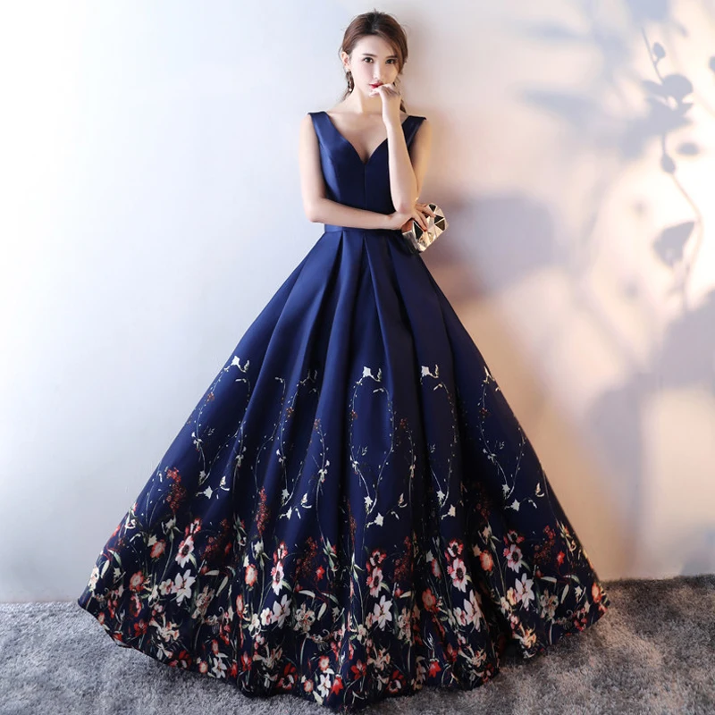 Реальные фотографии, новое темно-синее вечернее платье с v-образным вырезом и цветочным принтом, длинное строгое платье для женщин, Вечерние вечернее платье