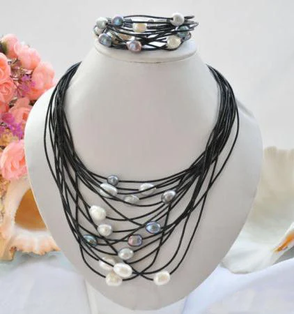 

Classic Leather Pearl Jewellery Set,15rows,13mm Multicolor Rice Natural Pearl Black Leather Necklace Bracelet,Magnet Clasp