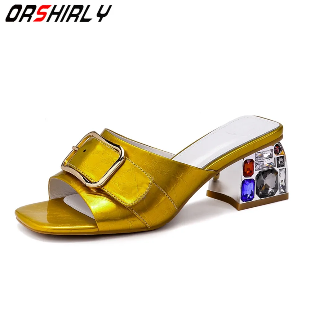 

Orshirly Genuine leather Sandals women 2019 new summer open toe Rhinestone shoes woman fashion slippers thick heel woman mules