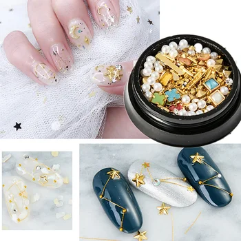 

1 Box Metal Copper 3D Nail Art Star Moon Designs Gold Silver Alloy Rivet Studs For Nails Tips Decorations Flakes