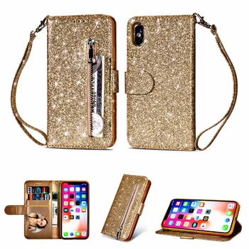 

20pcs/lot Glitter Zipper bag 3 card wallet leather cover case for iphone 6 7 8 X XS XR XS Max 6 7 8 plus cover cases