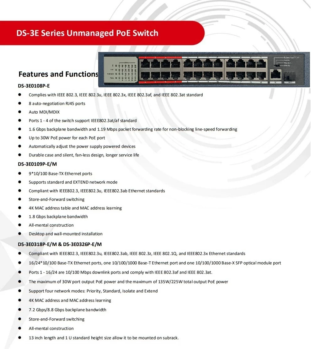 Switch de Rede Hik com Logotipo Lan Ds-3e0105p-e - m Ds-3e0109p-e Ds-3e0318p-e Ds-3e0326p-e Econômico 4ch 8ch 16ch 24ch Poe 2 PoE Switch De Rede LAN, DS-3E0105P-E M