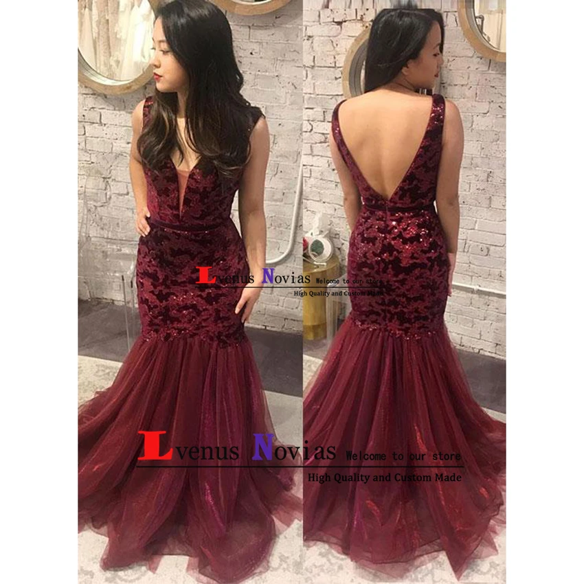 Vestidos de fiesta Elegant Backless Evening Dress 2019 Long Party Burgundy Lace Beaded Trumpet Floor Lenght Prom Dresses | Свадьбы и