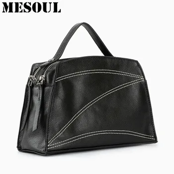 

MESOUL 100% Soft Genuine Leather Bags Women Handbag Fashion Black Female Casual Tote Purses Small Lady Messenger Crossbody Bags