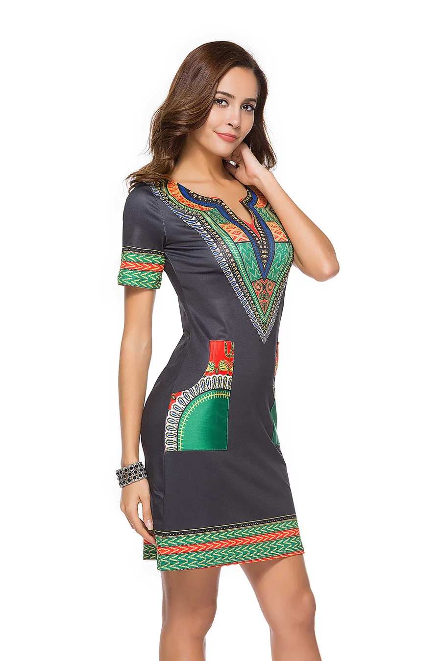 Gladiolus 2019 Summer Dress Women Short Sleeve V Neck Pocket Bodycon Sexy Ethnic Print Women Dress Plus Size 3XL Ladies Dresses (37)