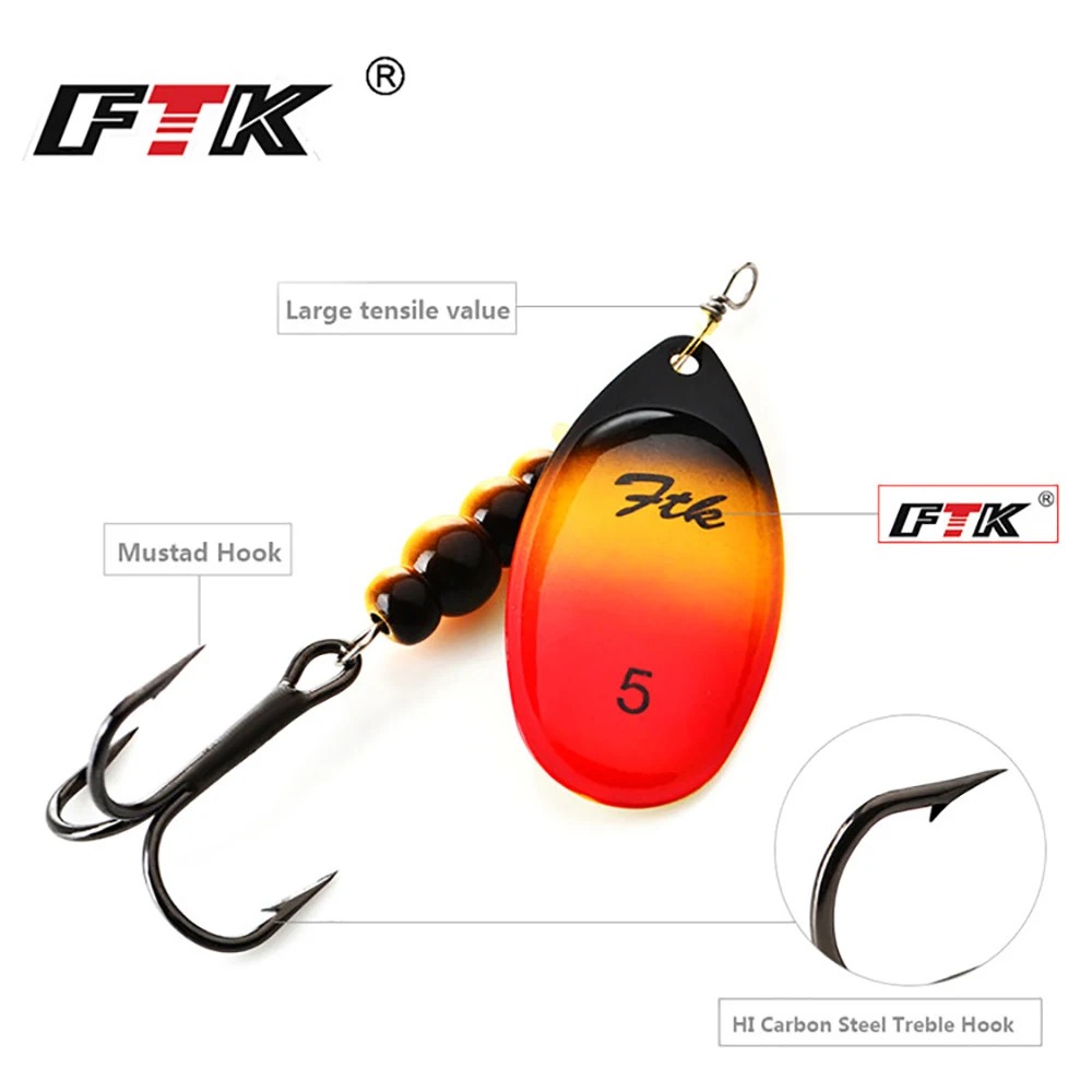 FTK New 1#-5# 5pcs/lot or 4pcs/lot Similar as Copper Spinner Bait Fishing Lure With Treble Hooks Hard Baits Spoon Pike