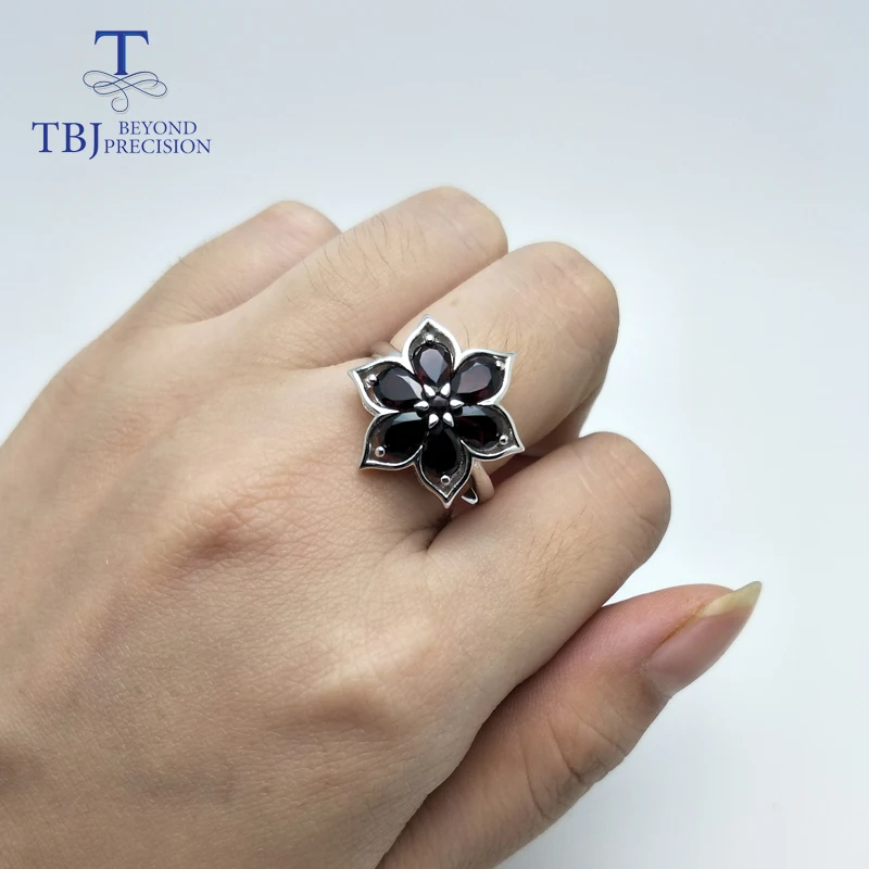TBJ, натуральный драгоценный камень, Черный гранат, ювелирный набор, серебро 925 пробы, маленькая дизайнерская подвеска в виде цветка, серьги и кольцо, хорошее ювелирное изделие