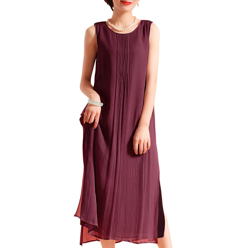 

Vintage New Women Sleeveless Midi Dress Round Neck Lined Side Split Casual Women Loose Summer Dresses Fashion Female Vestidos