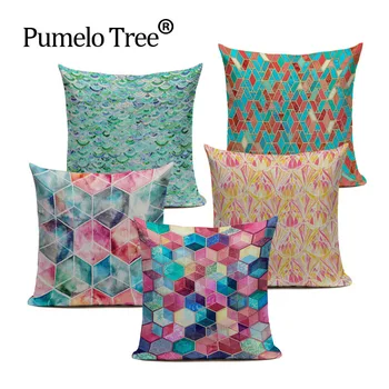 

Geometric Pattern Cushion Cover Creative Splicing Throw Pillow Vintage Linen Cotton Decor Sofa Car Bedroom Custom Pillow Case