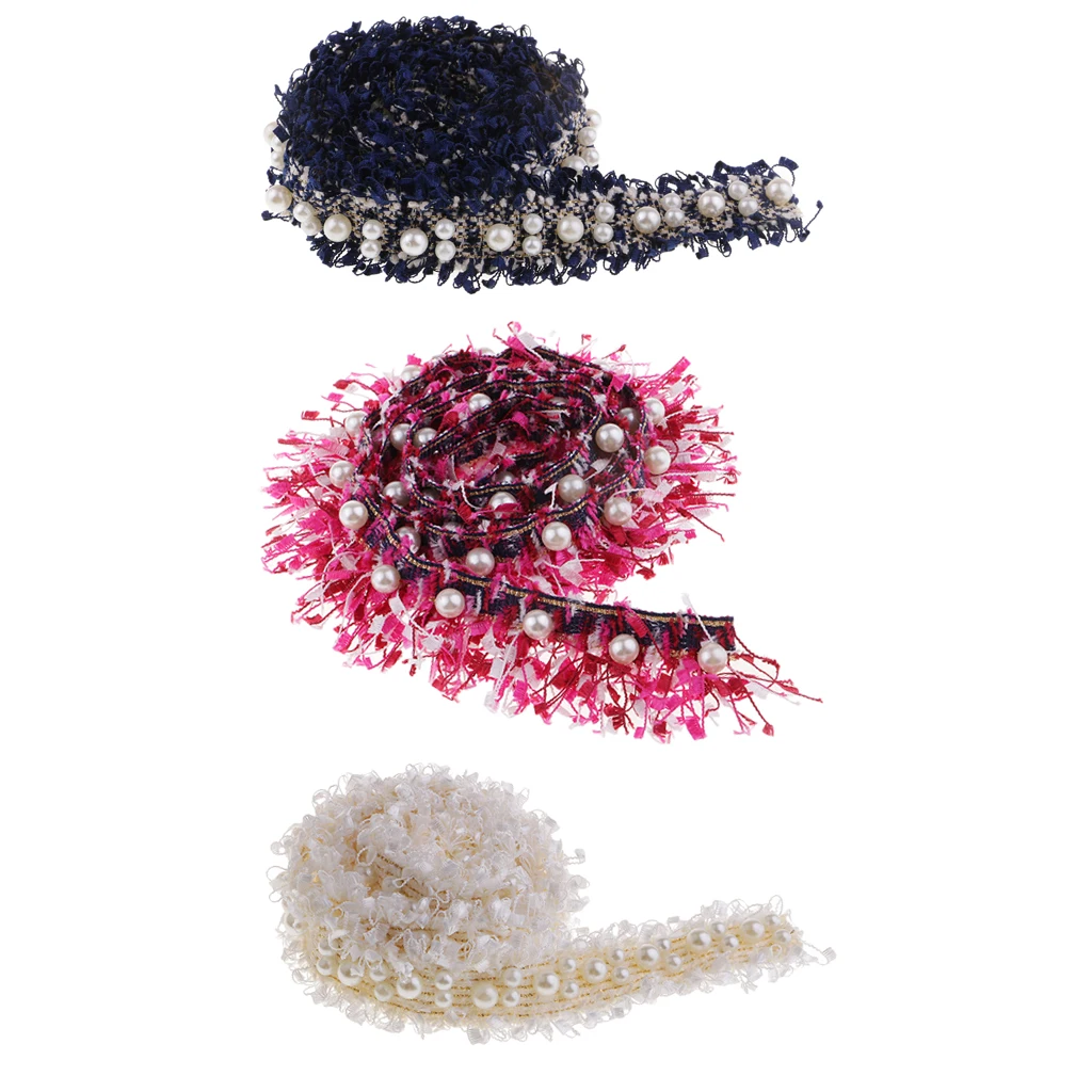 3pcs/1 Yards Handmade Pearl Beaded Embroidery Ribbon Lace Trim Embellishment for Wedding Party Christmas 3/4.5cm