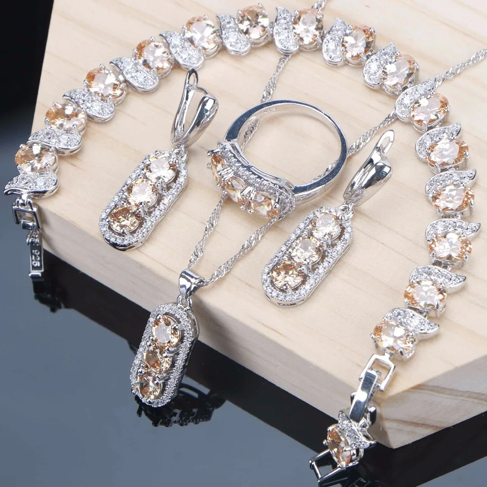 

Bridal Jewelry Sets Silver 925 Jewelry For Women Accessories Champagne Cubic Zirconia Bracelet Ring Necklace Earrings Set