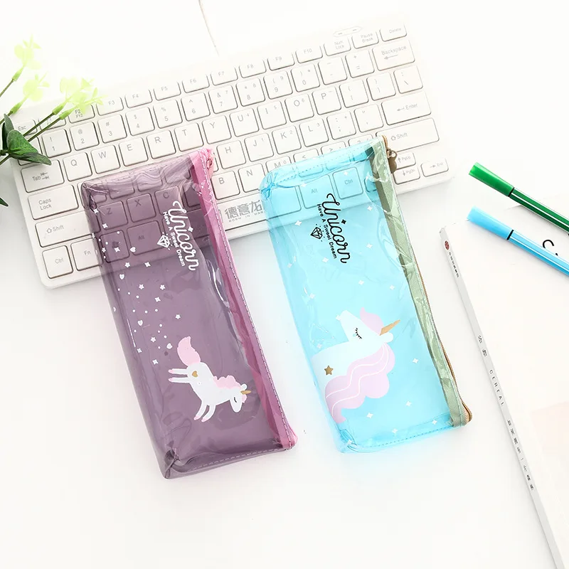 Unicorn Design Multi Color Transparent Pencil Case Stationery Storage Organizer Cosmetic Pouch School Office Supplies