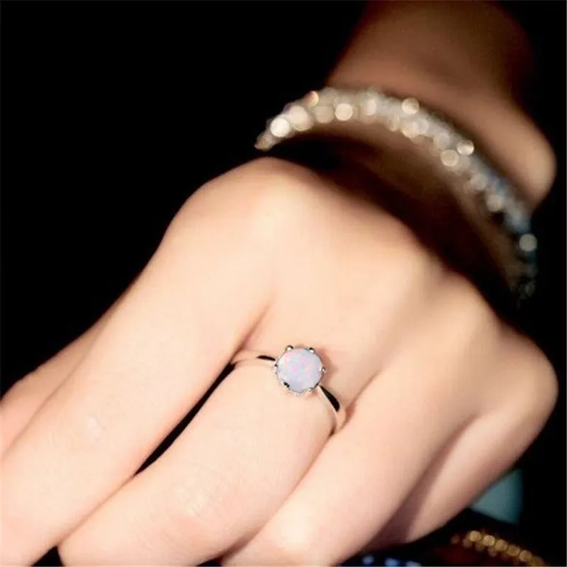 Серебряный цвет, Круглый Белый/Синий огненный опал, кольца для женщин, свадебный ювелирный камень, кольцо