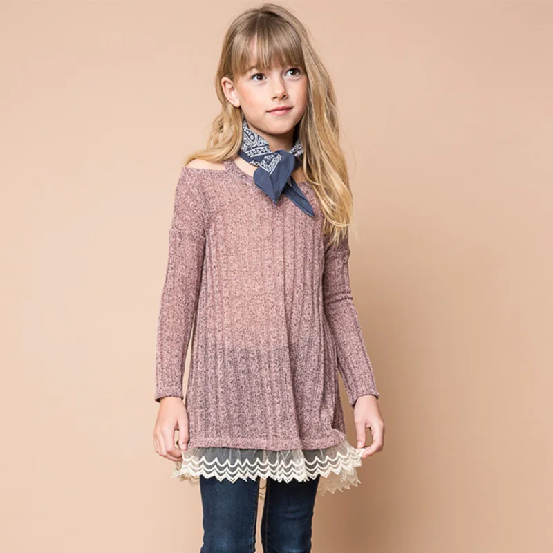 Shoulderless Sweater Promotion-Shop For Promotional Shoulderless Girls Autumn Lace Long Sweater Tops Kids Shoulderless Knit Pullover Tops For 7-14y Babys Free Shipping - Shoulderless Sweater Promotion-Shop For Promotional Shoulderless