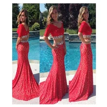 2016 heißer Verkauf Sexy Zwei Stücke Langen Roten Abendkleid mit Perlen Foraml Evening Kleid Benutzerdefinierte vestido de festa gala jurken