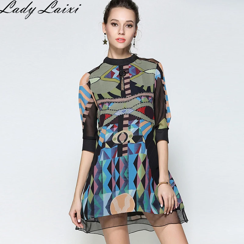 

2019 Spring Summer Runway Women Vintage Geometric Printed Chiffon Dress Mini Dress Robe Femme vestido with Metal Pendant