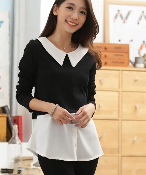 Free Shipping High Quality 2017 New Arrival Peter Pan Collar Color Block Fake Two Pieces Knitting Cotton Chiffon Woman Blouse Tops