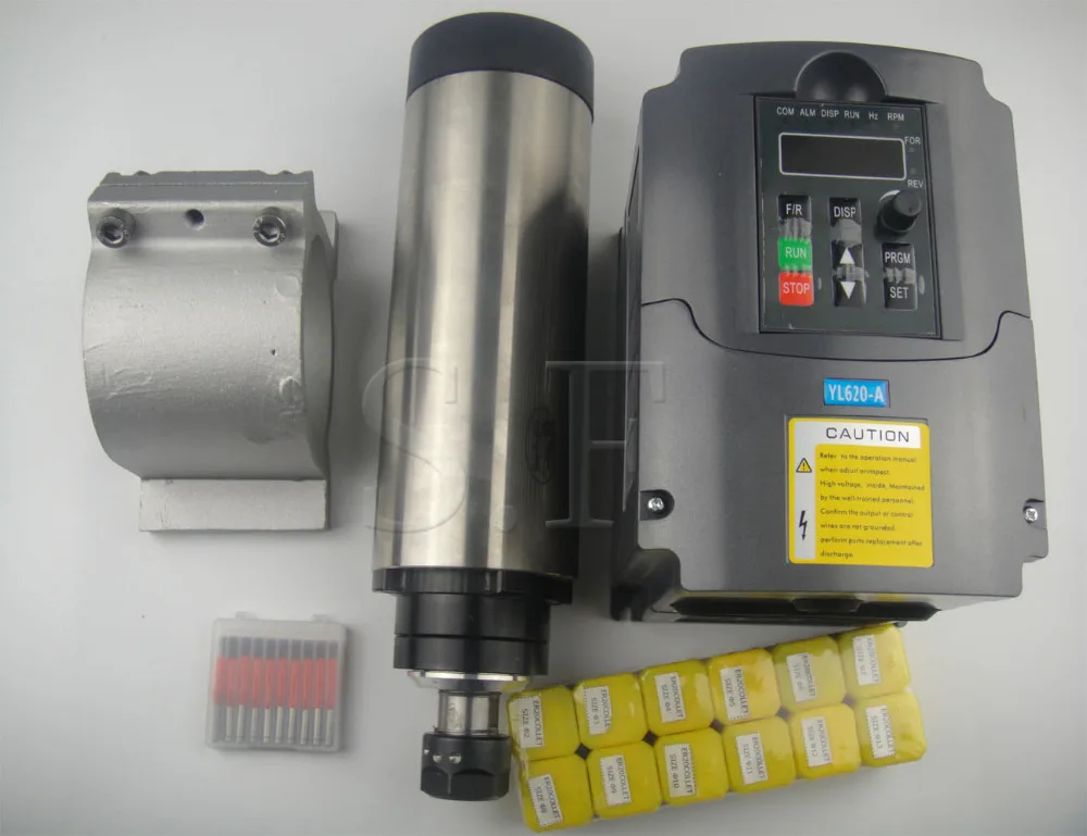 

ER 20 24000RPM 2.2KW air cooled spindle motor 4 bearing+2.2KW VFD inverter+spindle clamp +12 pieces ER20+CNC engraving bits