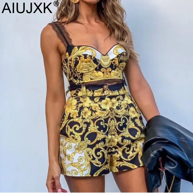 

AIUJXK Baroque Style Palace Strap Crop Top And Shorts Women High Waist Two Piece Set Lace Patchwork Sexy Casual Summer Clothes