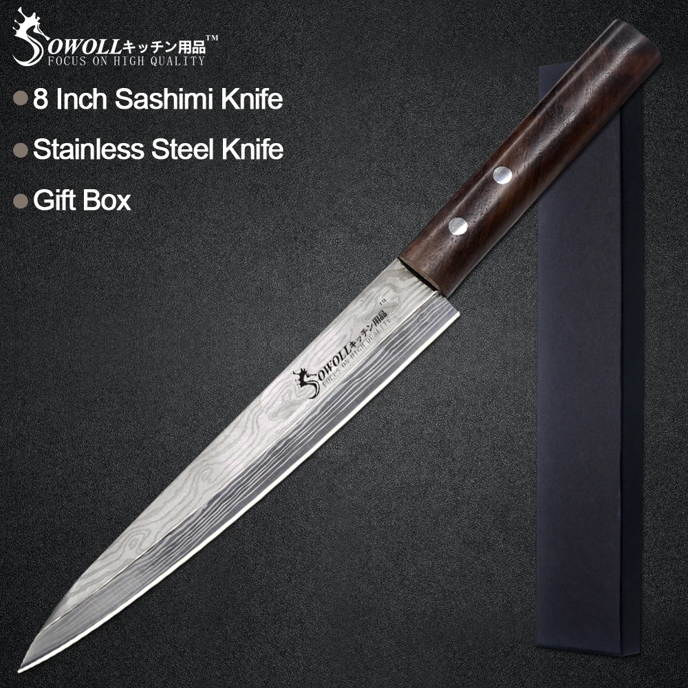 Sowoll Stainless Steel Sashimi Kitchen Knife 8 inch High Carbon Sharp Pattern Blade Knife Fish Sushi Cooking Tool Gift Box