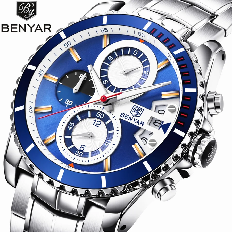 

BENYAR Luxury Brand Analog Chronograph Watch Men Display Mens Steel Quartz Watch Business Wrist watchesRelojes Para Hombre