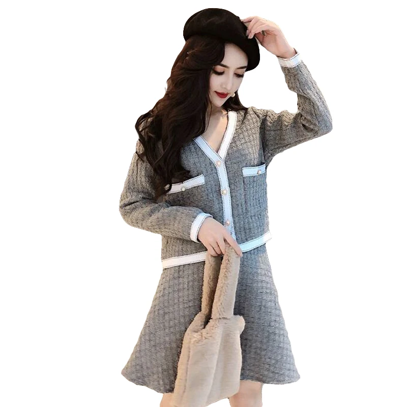 

Autumn winter modis Korean version of the set female fashion short jacket V-neck woolen top + short skirt 2 two-piece set women
