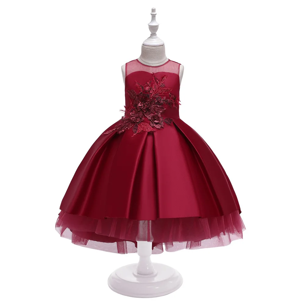 

8 Colors Sheer Lace Jewel Applique Pleated Satin Dress for Girls