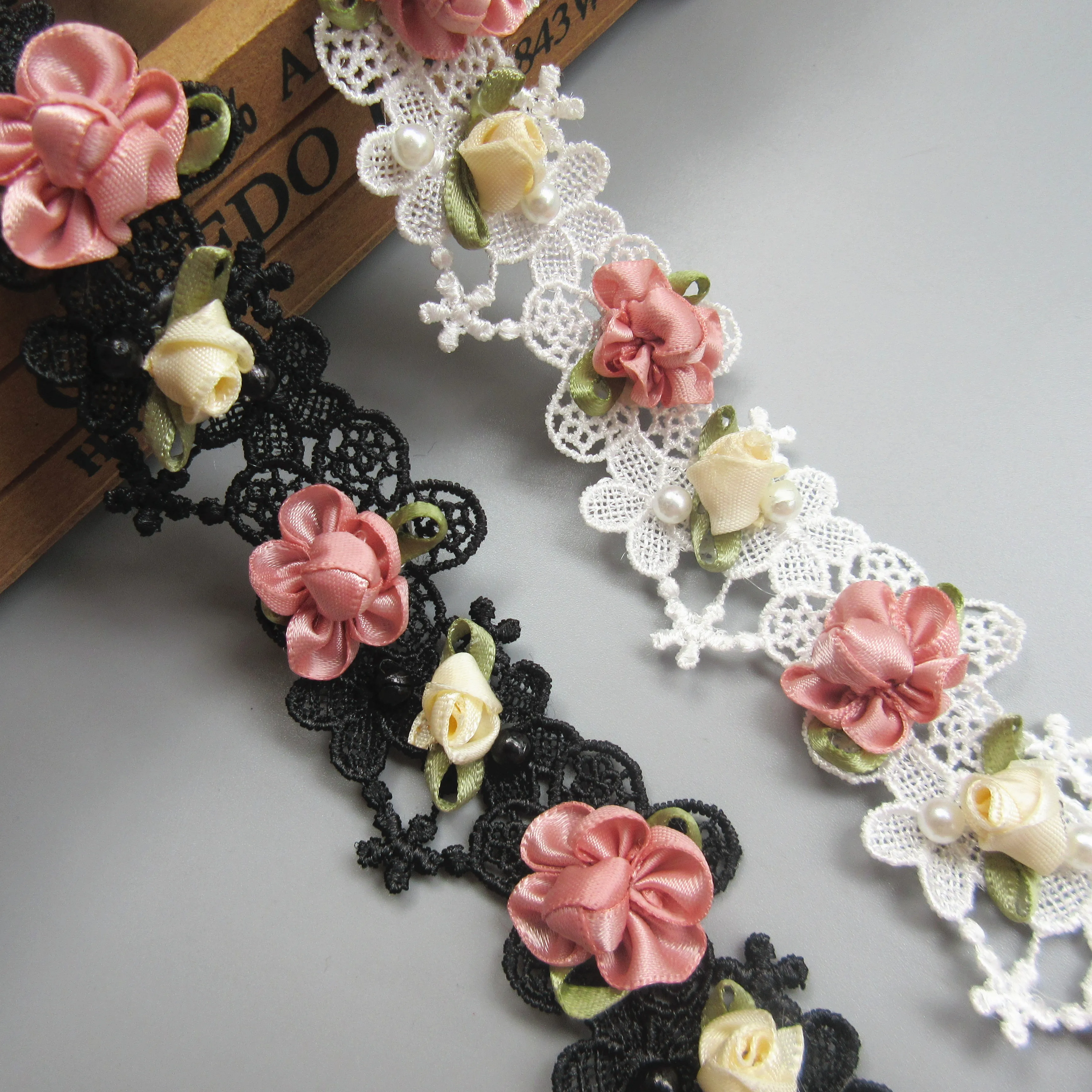 

2meter 4cm White Black Flower Floral Leaves Lace Edge Trim Ribbon Fabric Embroidered Applique Sewing Craft Wedding Dress Clothes