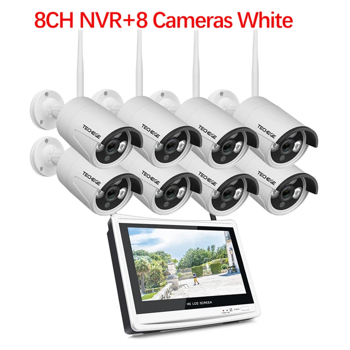 Techege 8CH 1080P Беспроводная NVR CCTV система 1" ЖК-экран 2.0MP аудио запись наружная IP камера система видеонаблюдения - Цвет: 8CH NVR 8Cam White B