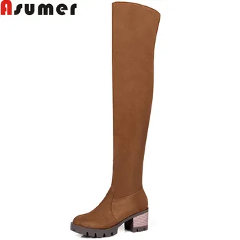 

ASUMER 2020 fashion women boots round toe zipper ladies boots square heel flock black brown over the knee boots big size 33-46