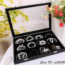 Черные кожаные макеты для ювелирных изделий лоток браслет коробка для хранения 12 ячеек держатель, чехол, органайзер портативный со стеклянной крышкой
