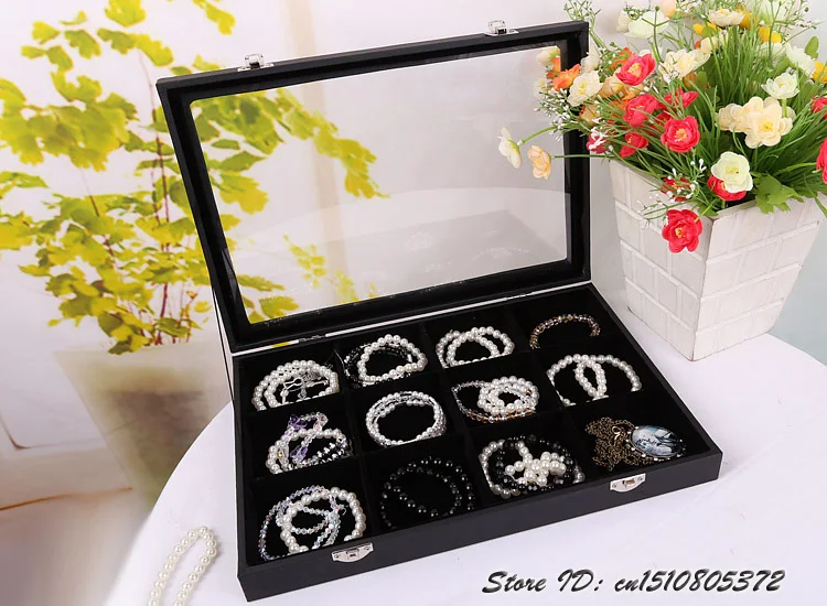 Black Leatherette Jewelry Display Tray Bracelet Storage Box 12 Cells