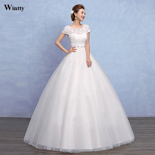 Wintty 2017 Simple High Low Lace Wedding Gown Embroidery Princess Wintty 2017 Simple High Low Lace Wedding Gown Embroidery Princess With Short Sleeve Floor Length Bridal