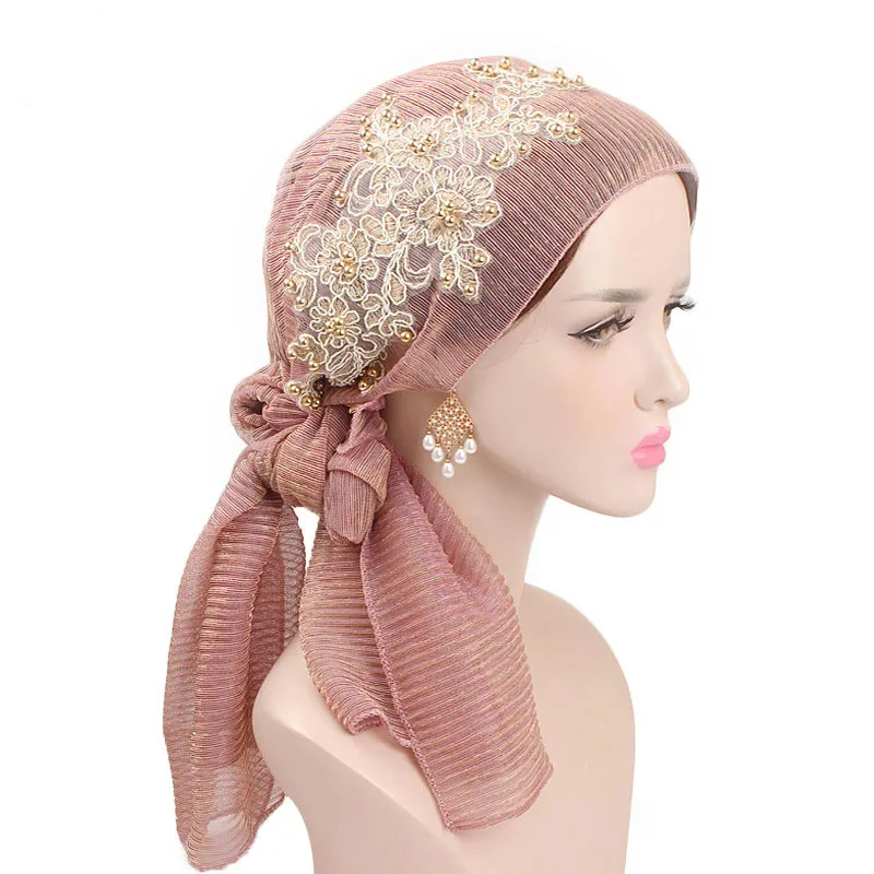 

Muslim Pearl lace Stretch Turban Ruffle Hair Hats Beanie Bandanas Scarf Head Wrap Headwear for Women 15
