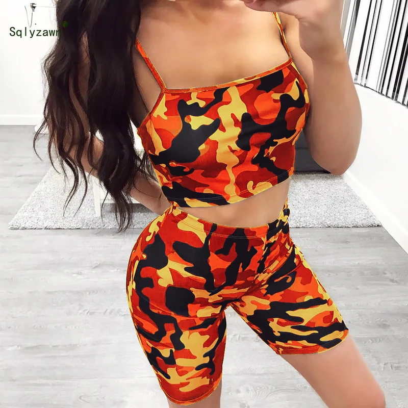 

Women Streetwear Camo Printed 2 Piece Set Sportwear Summer Backless Crop Top + Shorts Camouflage Bodycon fitness Matching Outfit