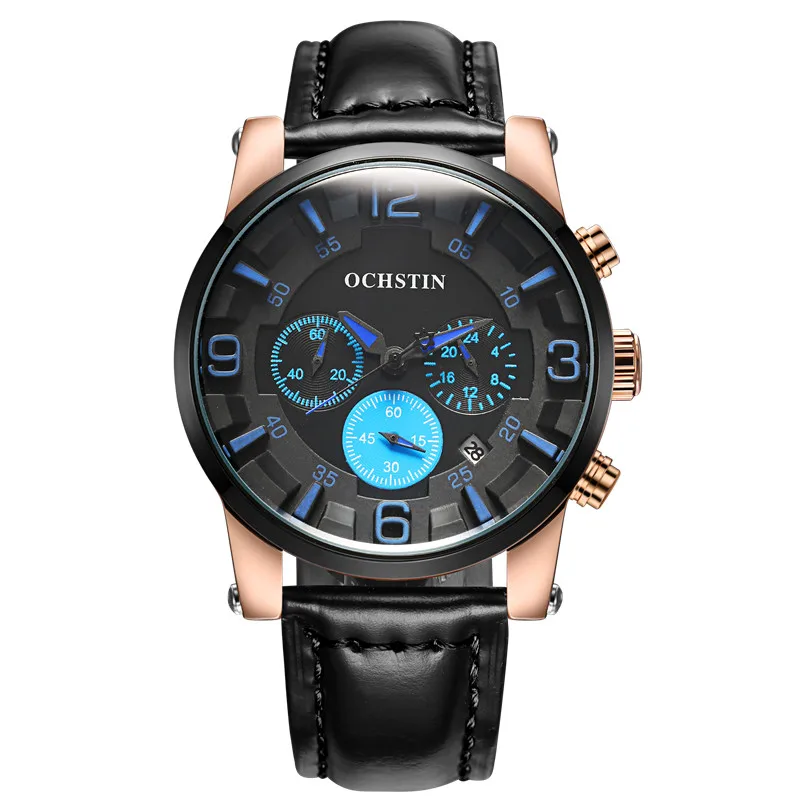 

OCHSTIN Men Sports Watches Men's Quartz Hours Chronograph 6 Hands 3D Num Three-dimensional Clock Man Leather Strap Military 2018