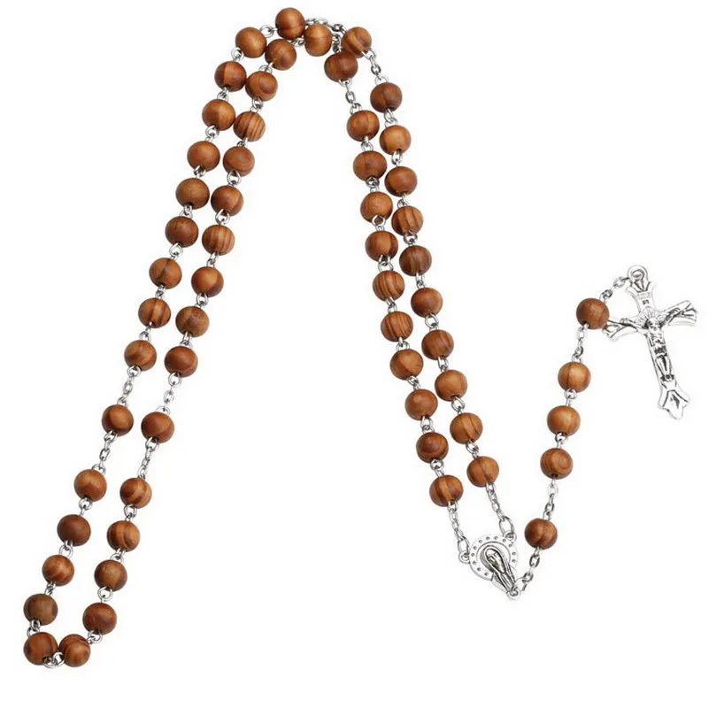 

12pcs High Quality Rosary Wood Beads Jesus Cross Necklace Virgin Mary Pendant Long Chain For Women Men Prayer Catholic Jewelry