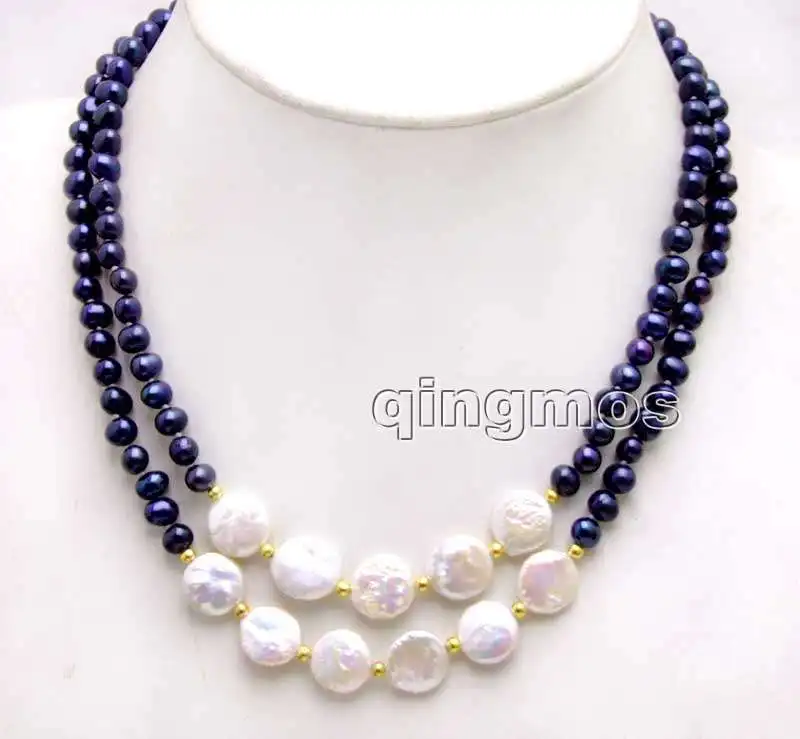 6-7 мм круглая черная жемчужина и 12-13 натуральная монета FW 2 нити 17-18 ''Necklace-n6228