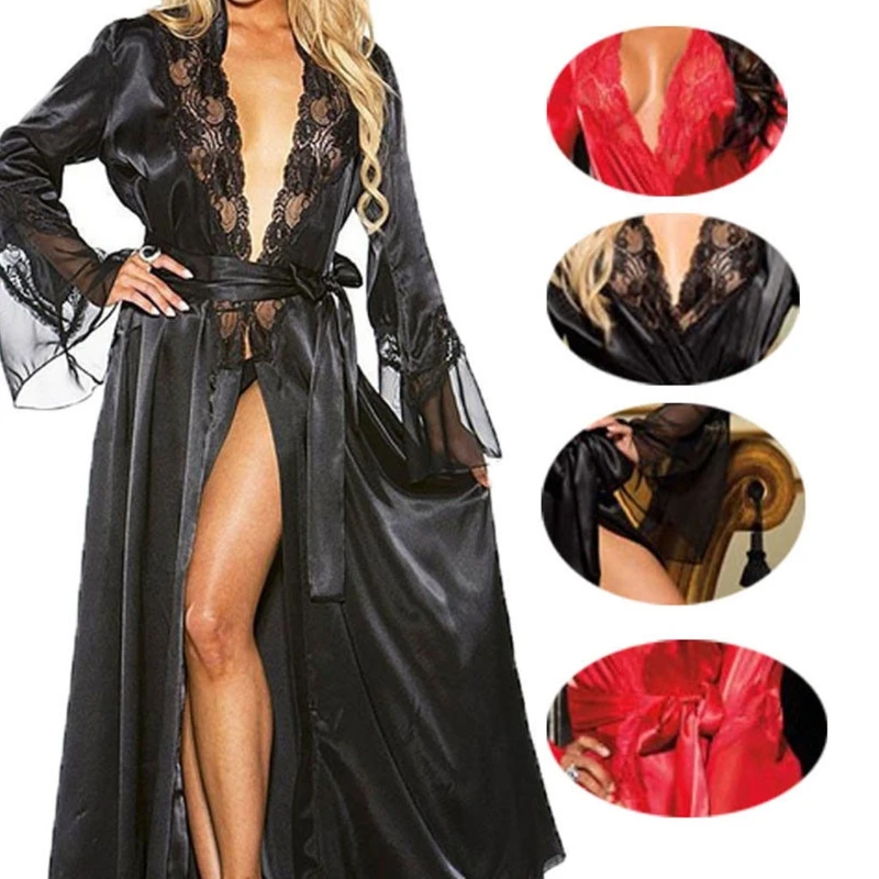 

Plus Size Womens Sexy Long Kimono Nightdress Lace Bath Robe Lingerie Gown Ice Silk Nightdress Solid Color Nightgown Sleepwear
